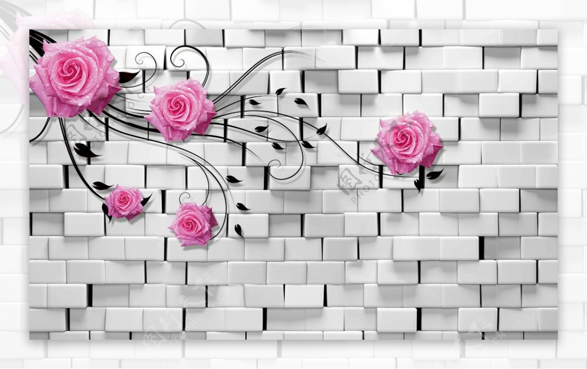 3D砖墙玫瑰素材