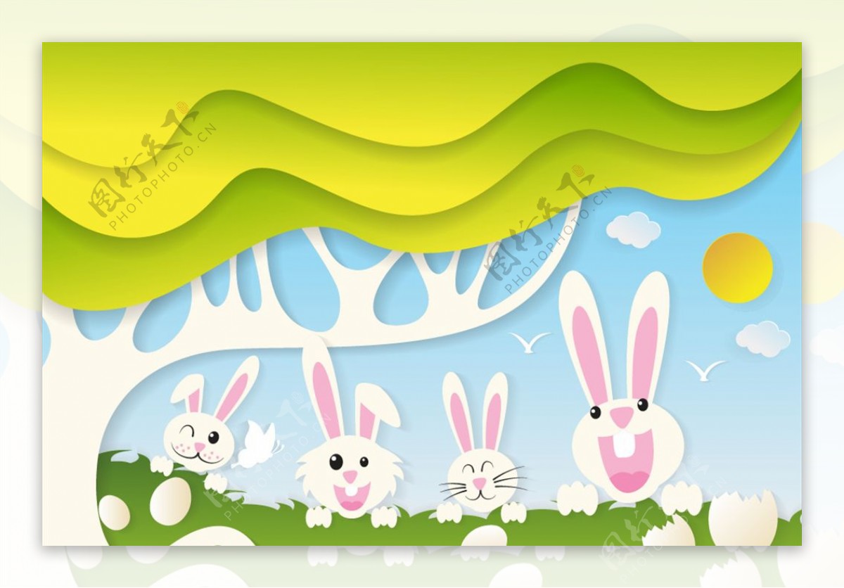 大树下的兔子们卡通背景矢量素材