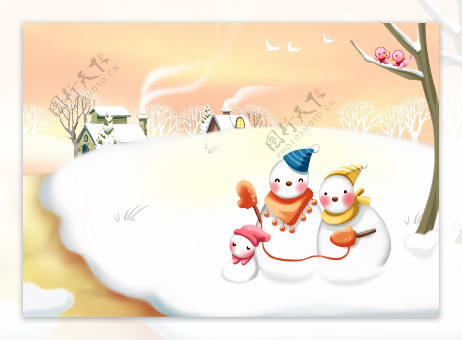 卡通雪景雪人素材背景