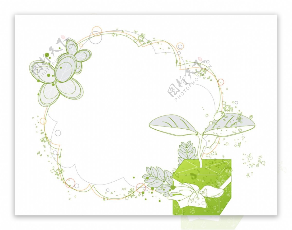 手绘礼物盒嫩芽和绿色边框