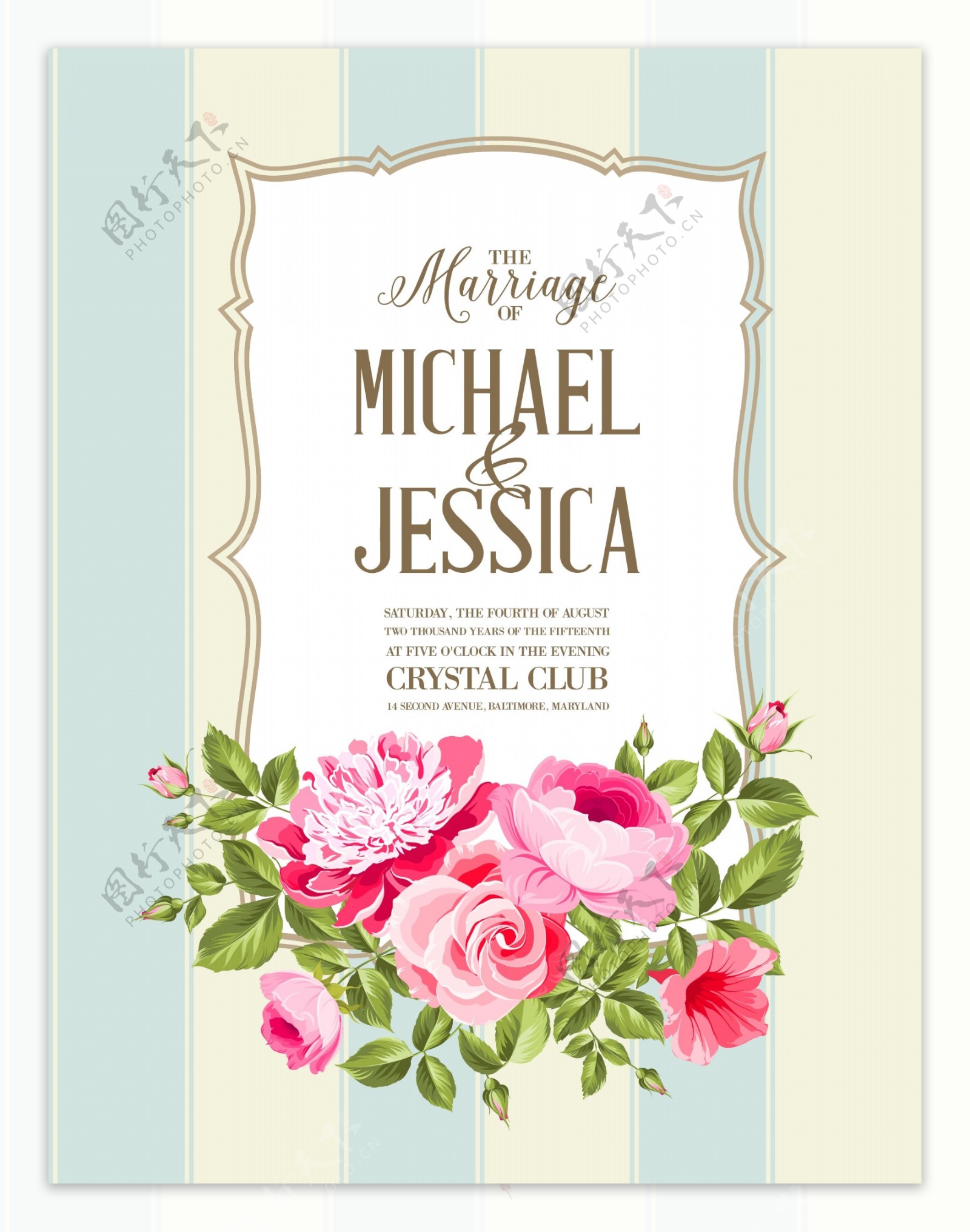 矢量婚礼手绘花卉卡片设计