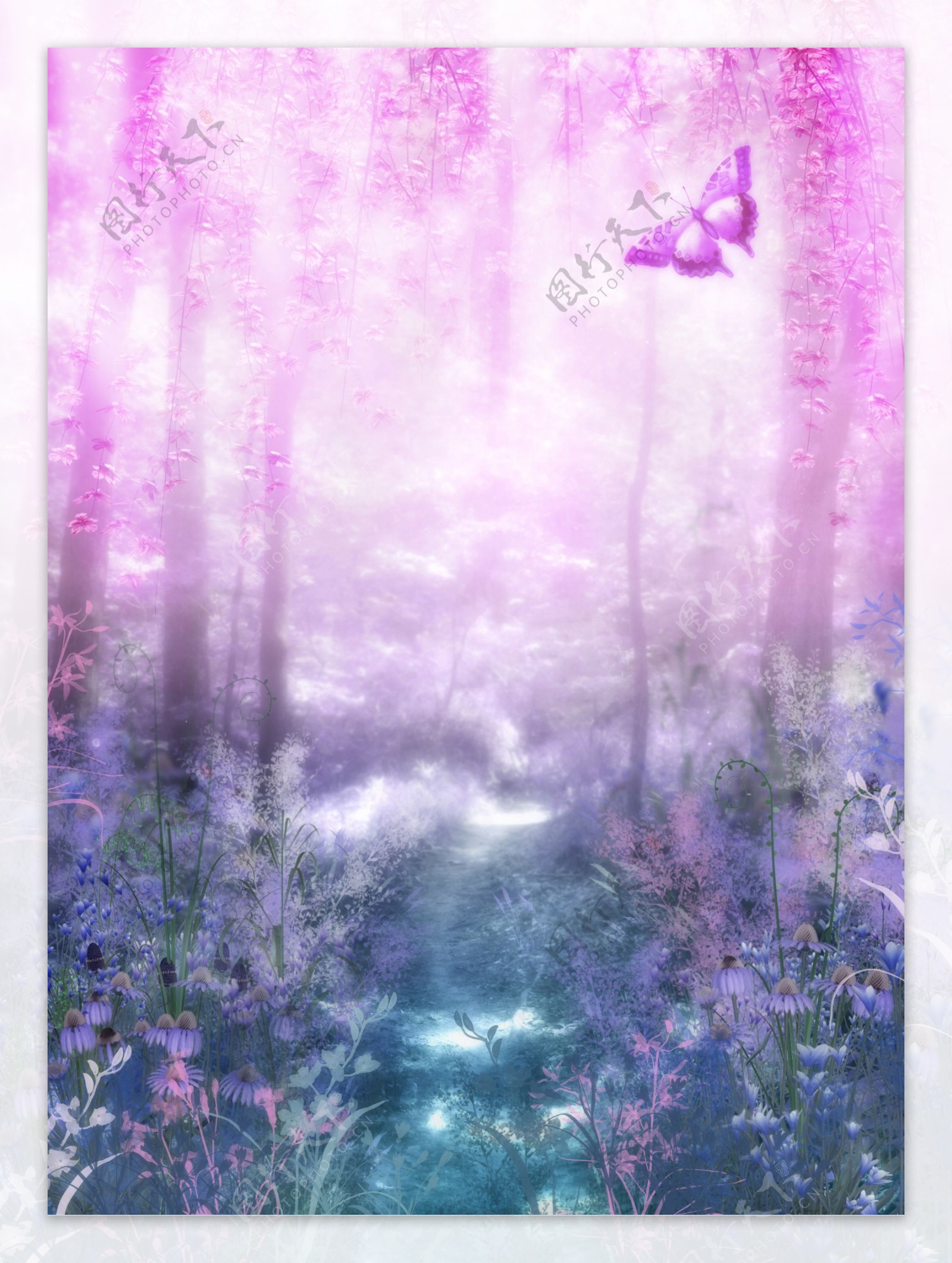 梦幻紫色蝴蝶背景渲染效果图
