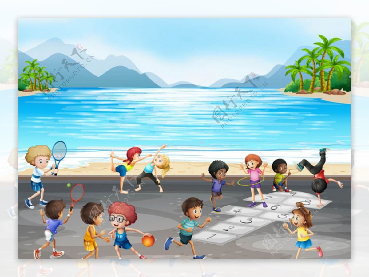 卡通儿童节在海边运动的孩子