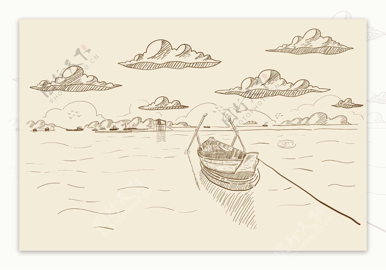 手绘素描海港风景插图