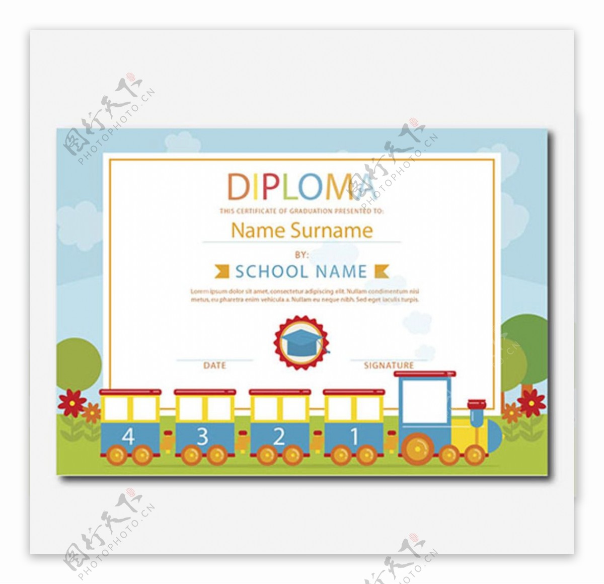 火车幼儿园学校儿童孩子毕业证书