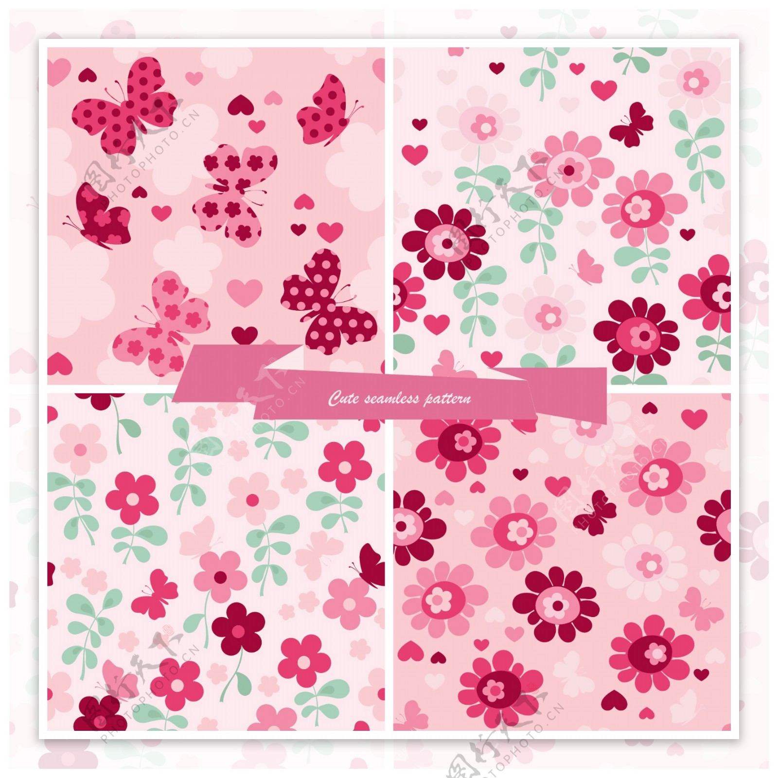 粉红色花朵可爱填充图案矢量背景素材