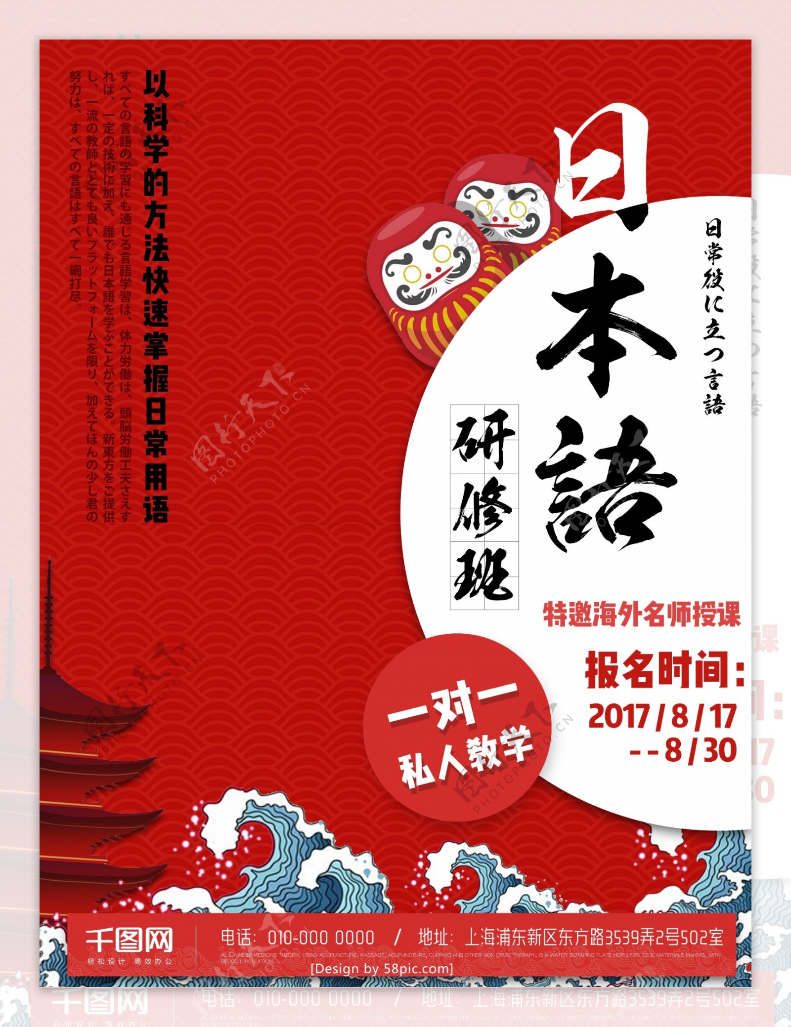 红色日本语培训班招生海报