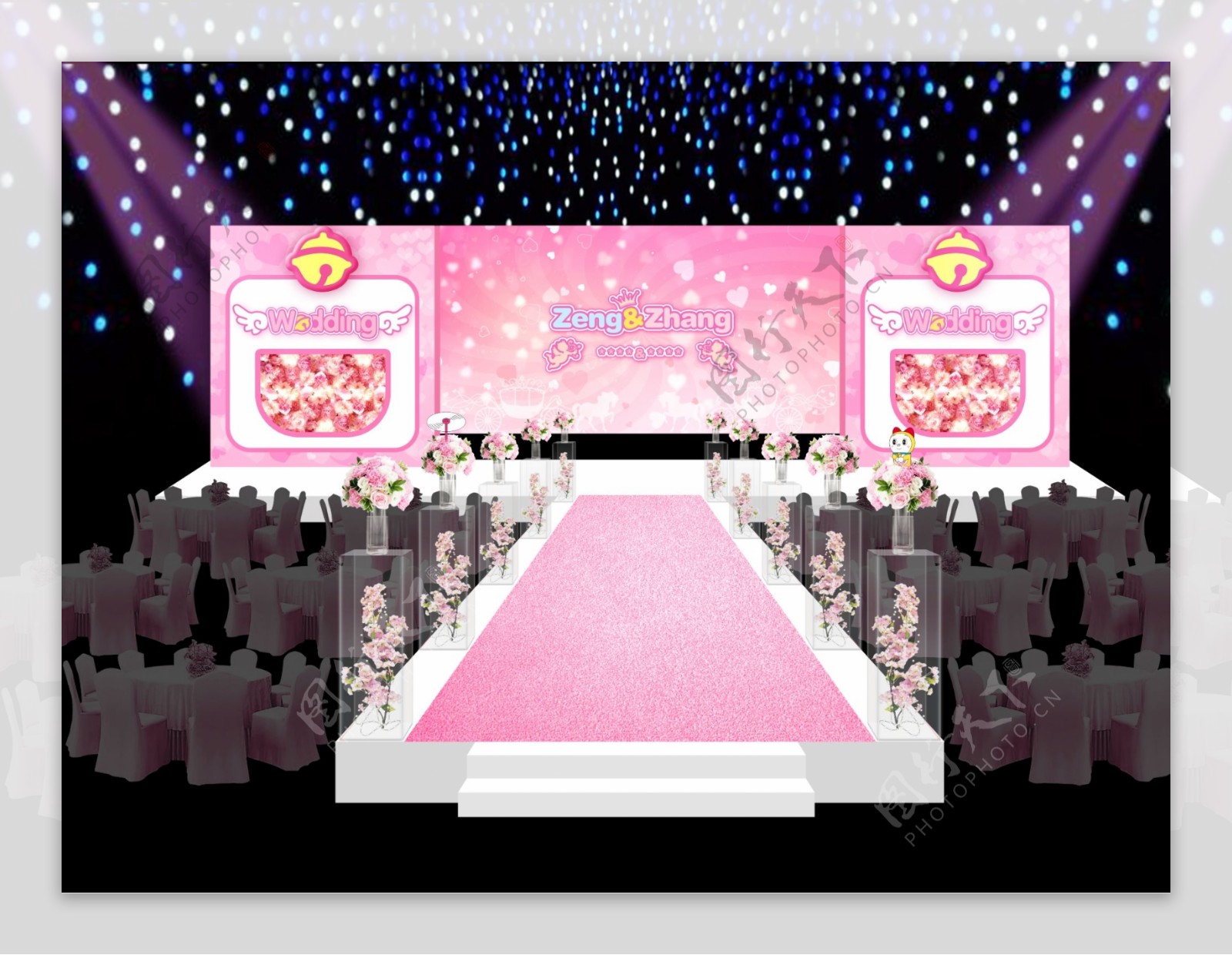 粉色机器猫婚礼舞台效果图