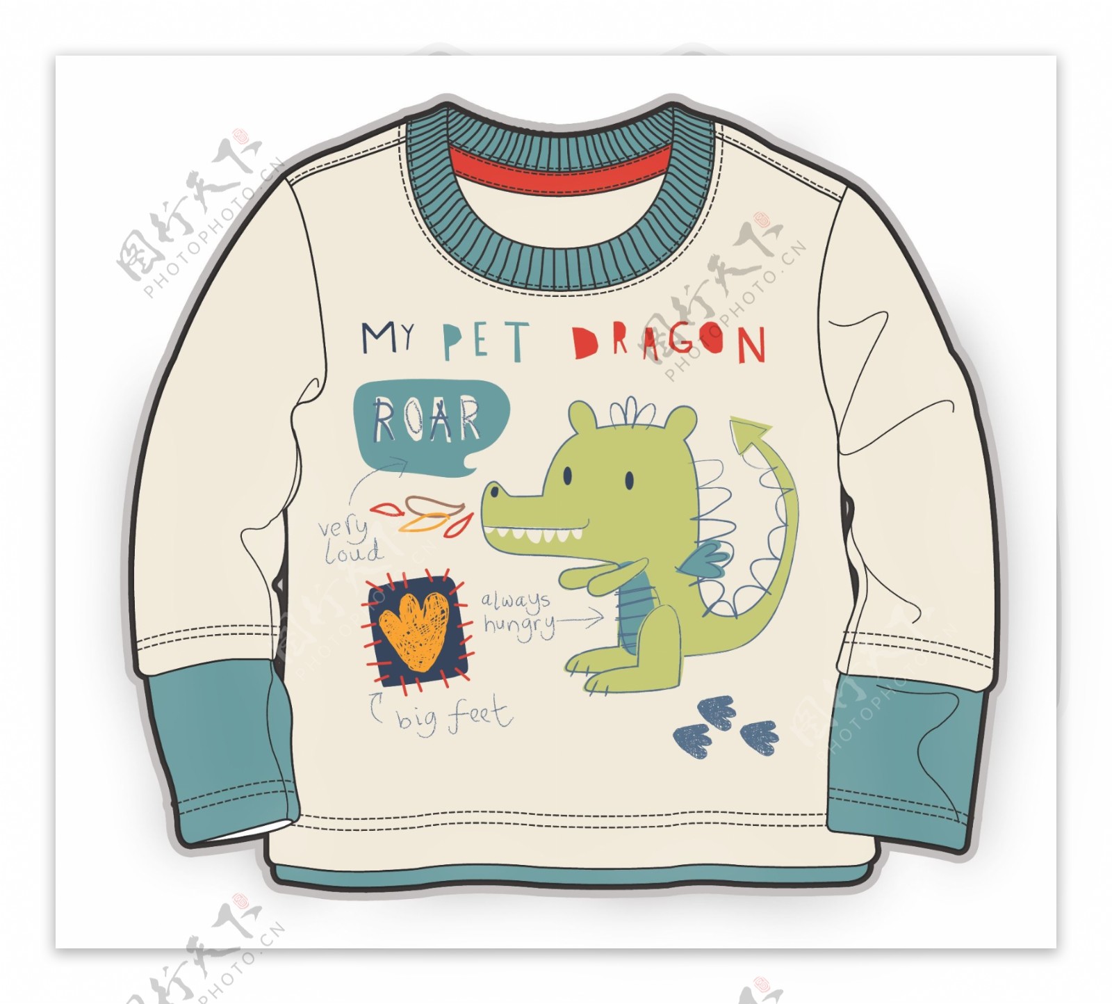 卡通恐龙长袖小男孩服装设计彩色图案