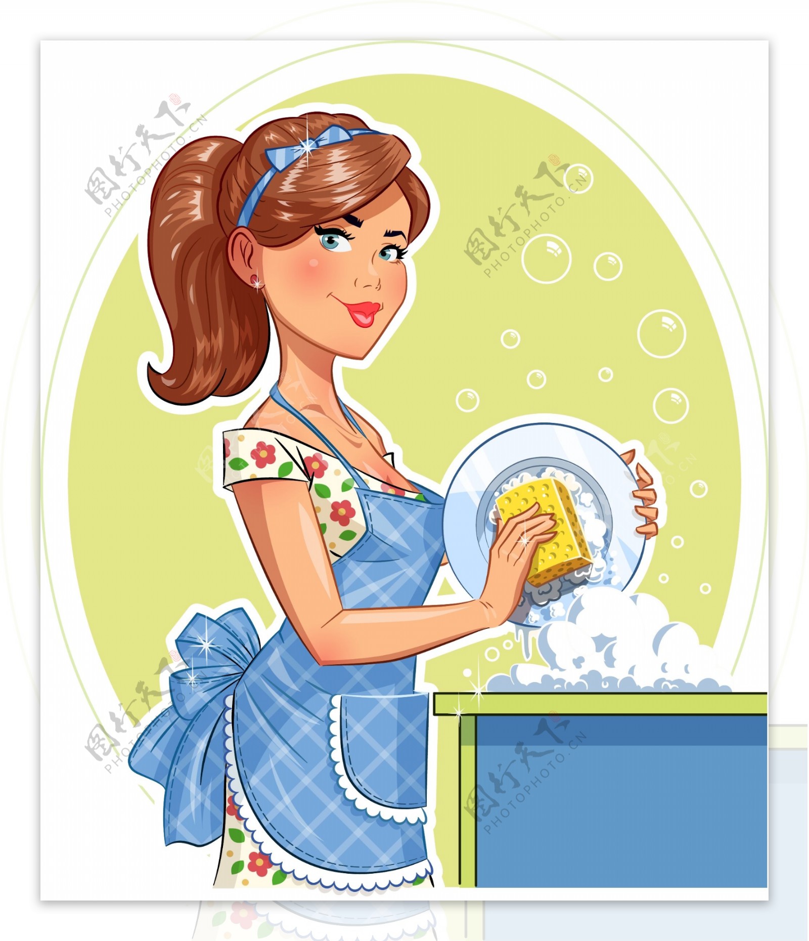 做家务洗碗的美女插画