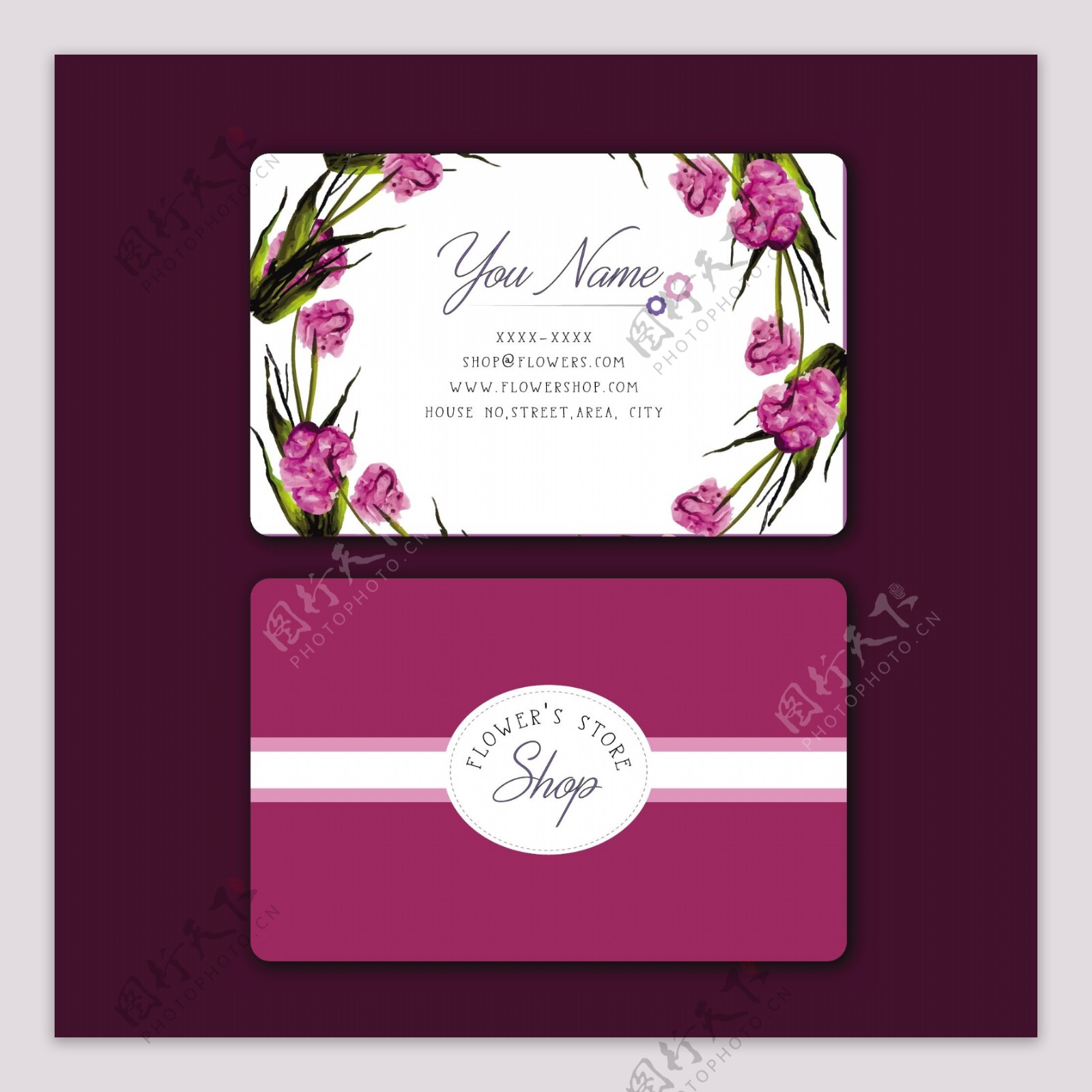 紫色花卉图案名片设计模板