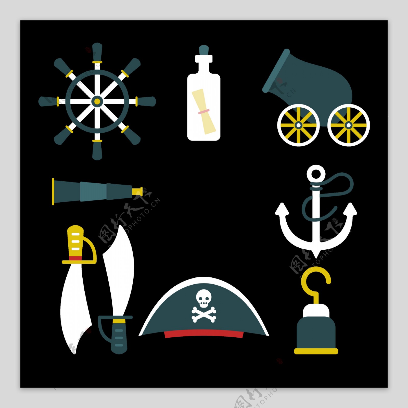 各种扁平海盗元素图免抠png透明图层素材