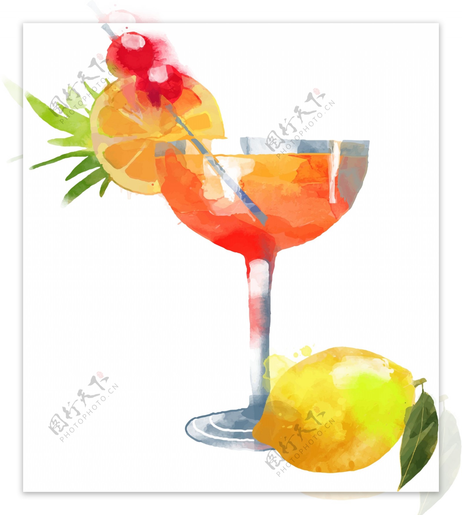 夏天水果饮料招贴海报手绘水彩矢量图
