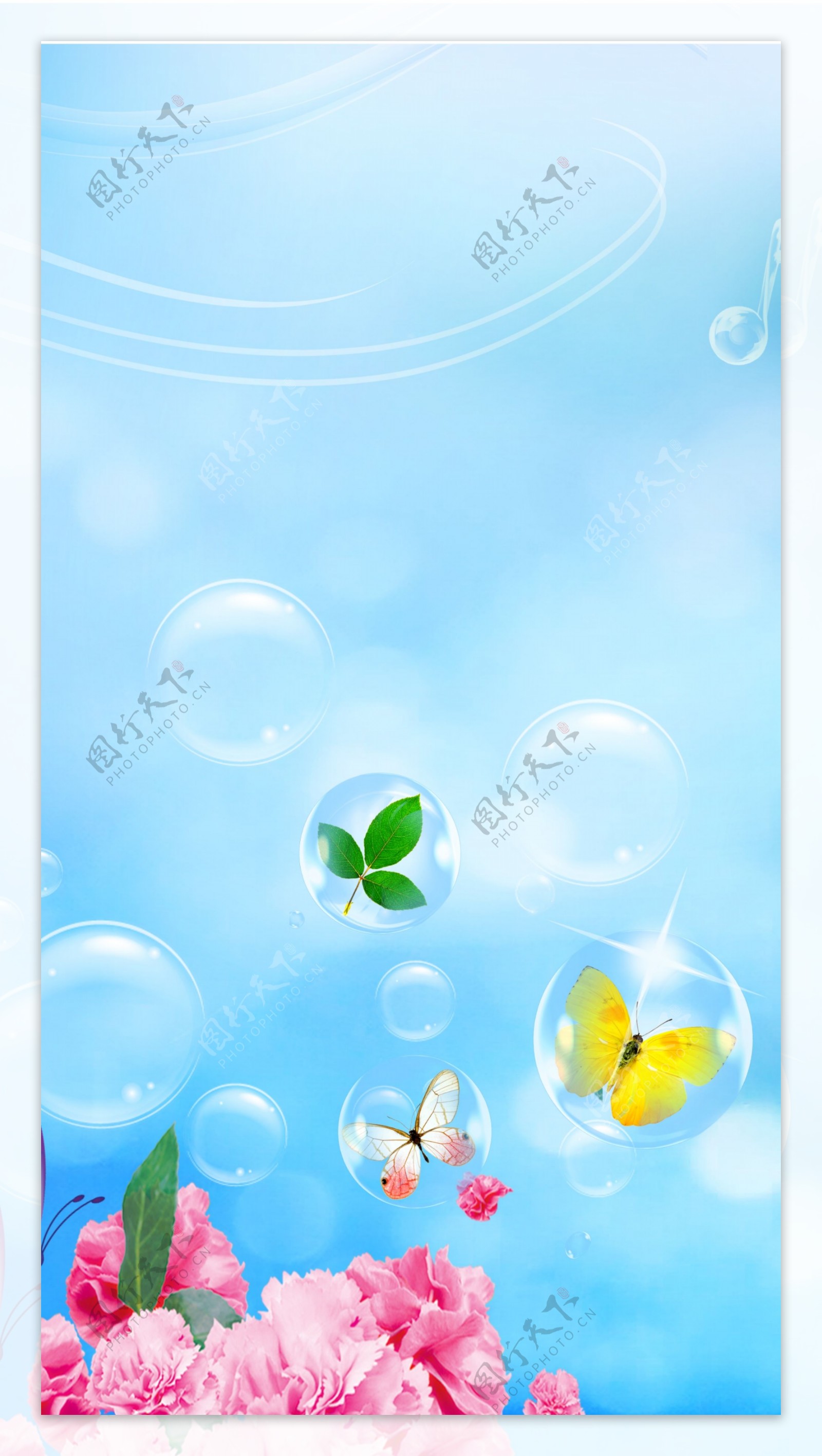 花朵蝴蝶树叶气泡光线蓝色展架背景
