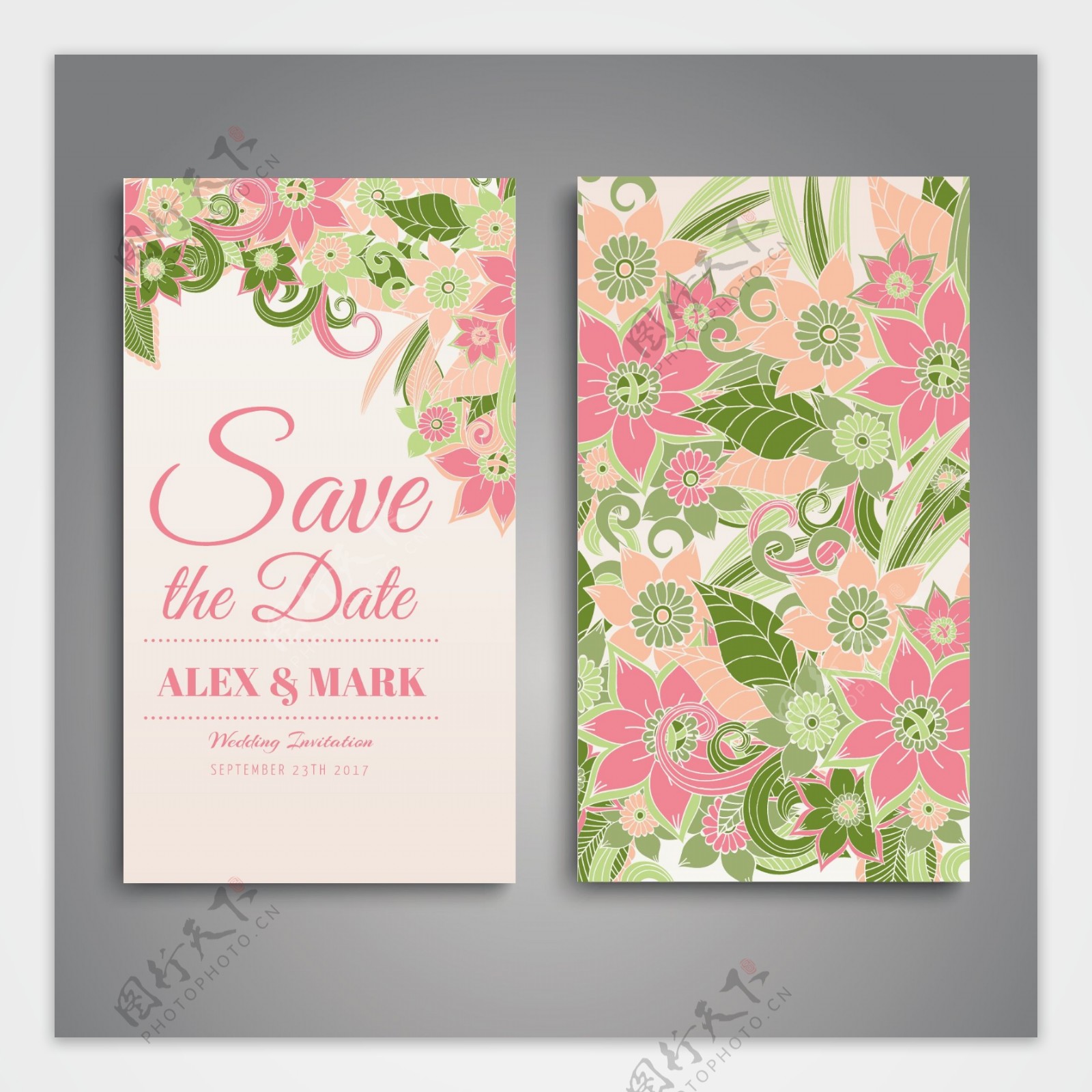 粉红鲜花装饰图案婚礼卡设计