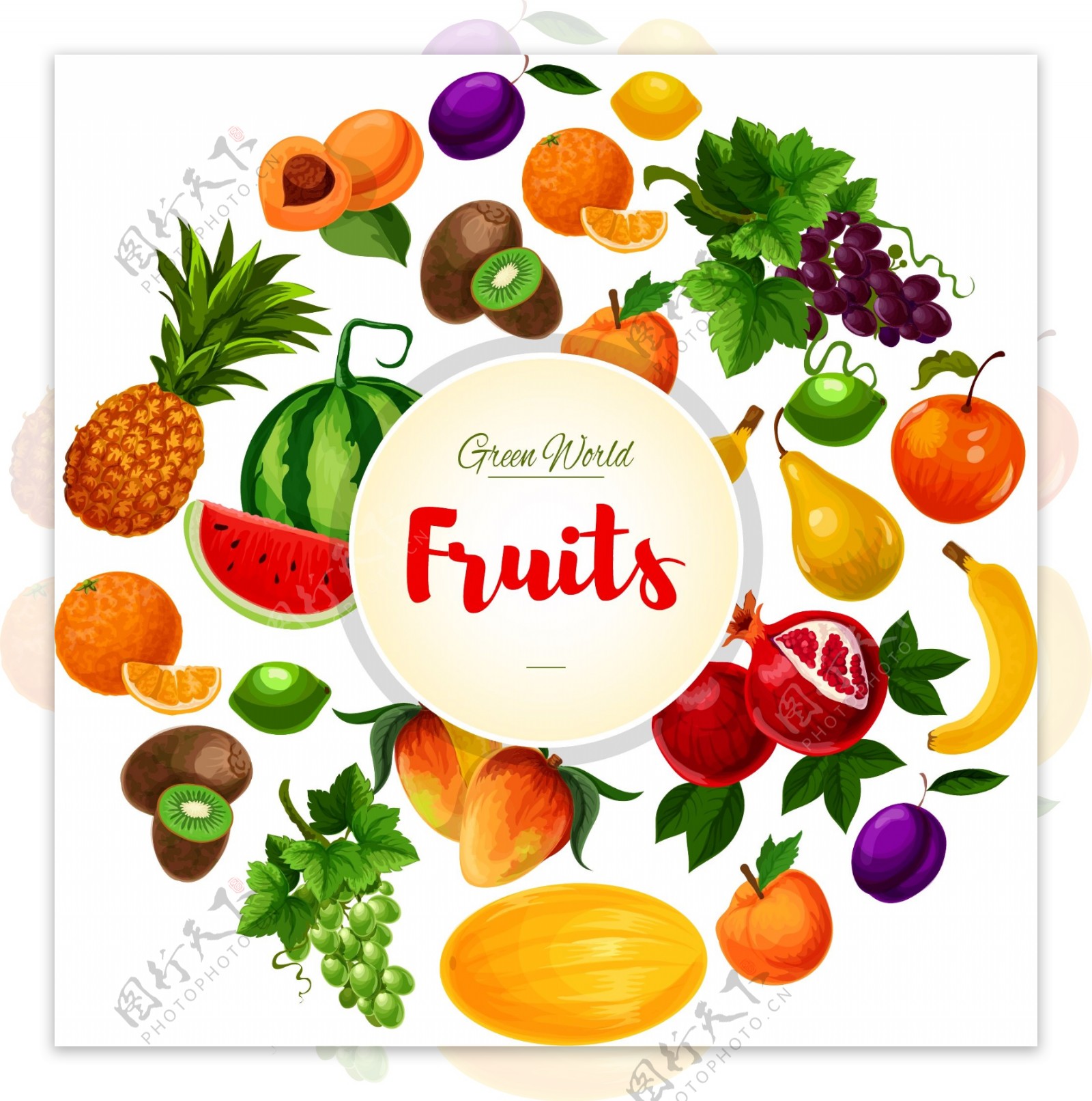 圆形水果插画健康蔬菜水果海报卡片背景