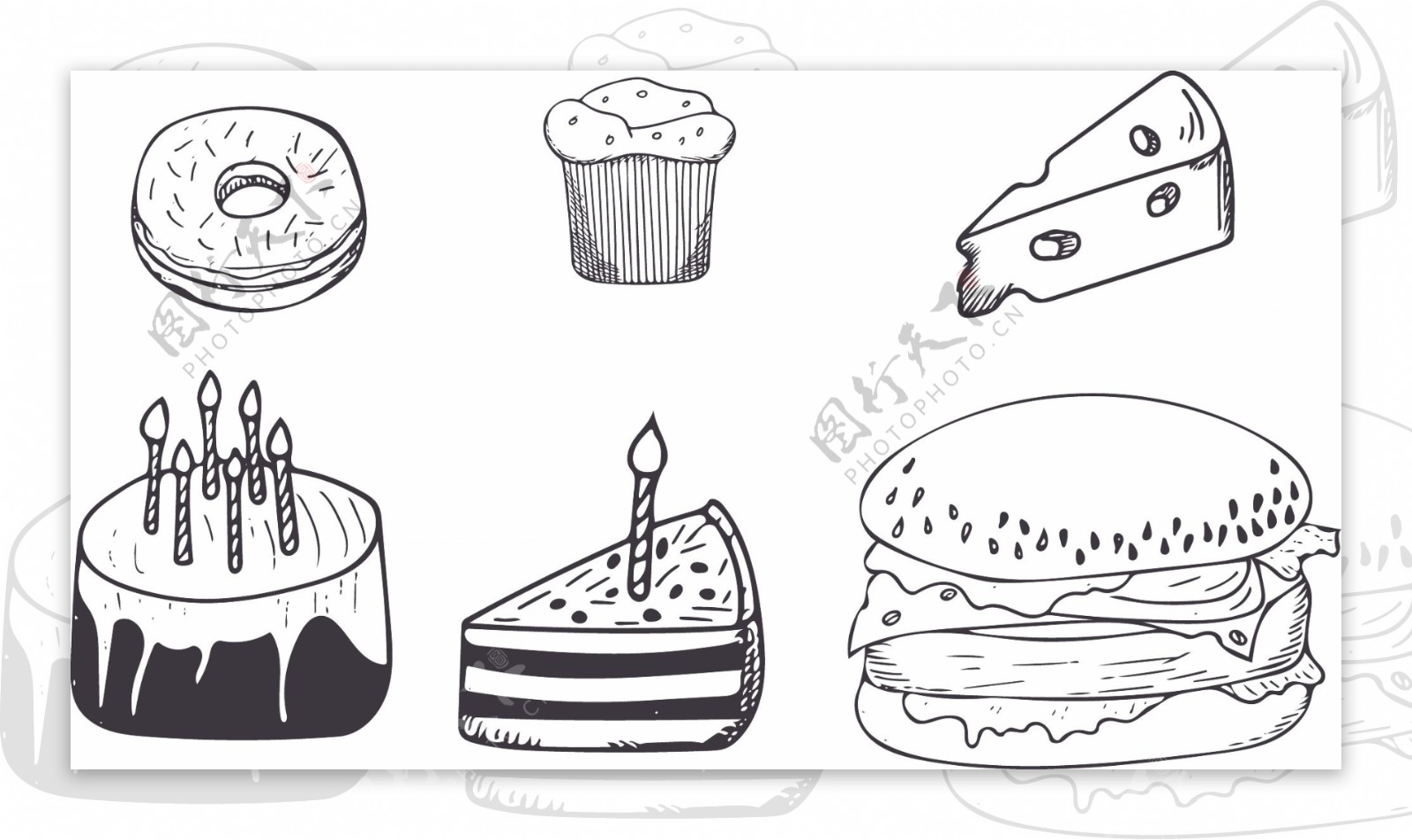 蛋糕卡通黑白线条矢量涂鸦装饰元素合集