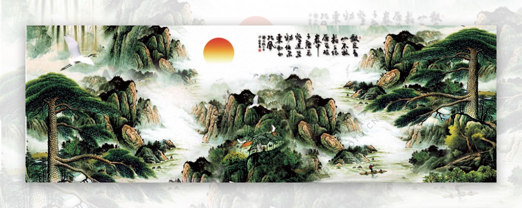 红日山河景致装饰画