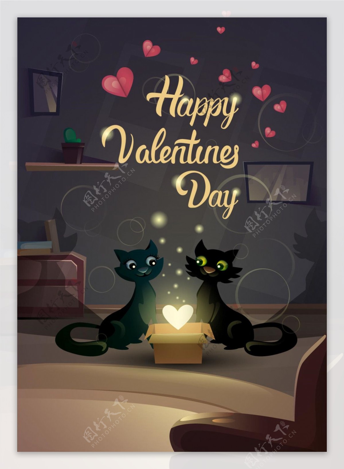 两只黑猫情人节卡片矢量素材下载