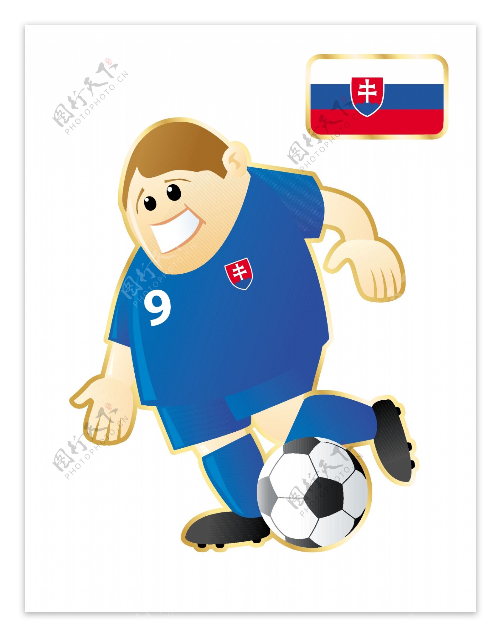 9号不同国家足球卡通人物形象矢量图