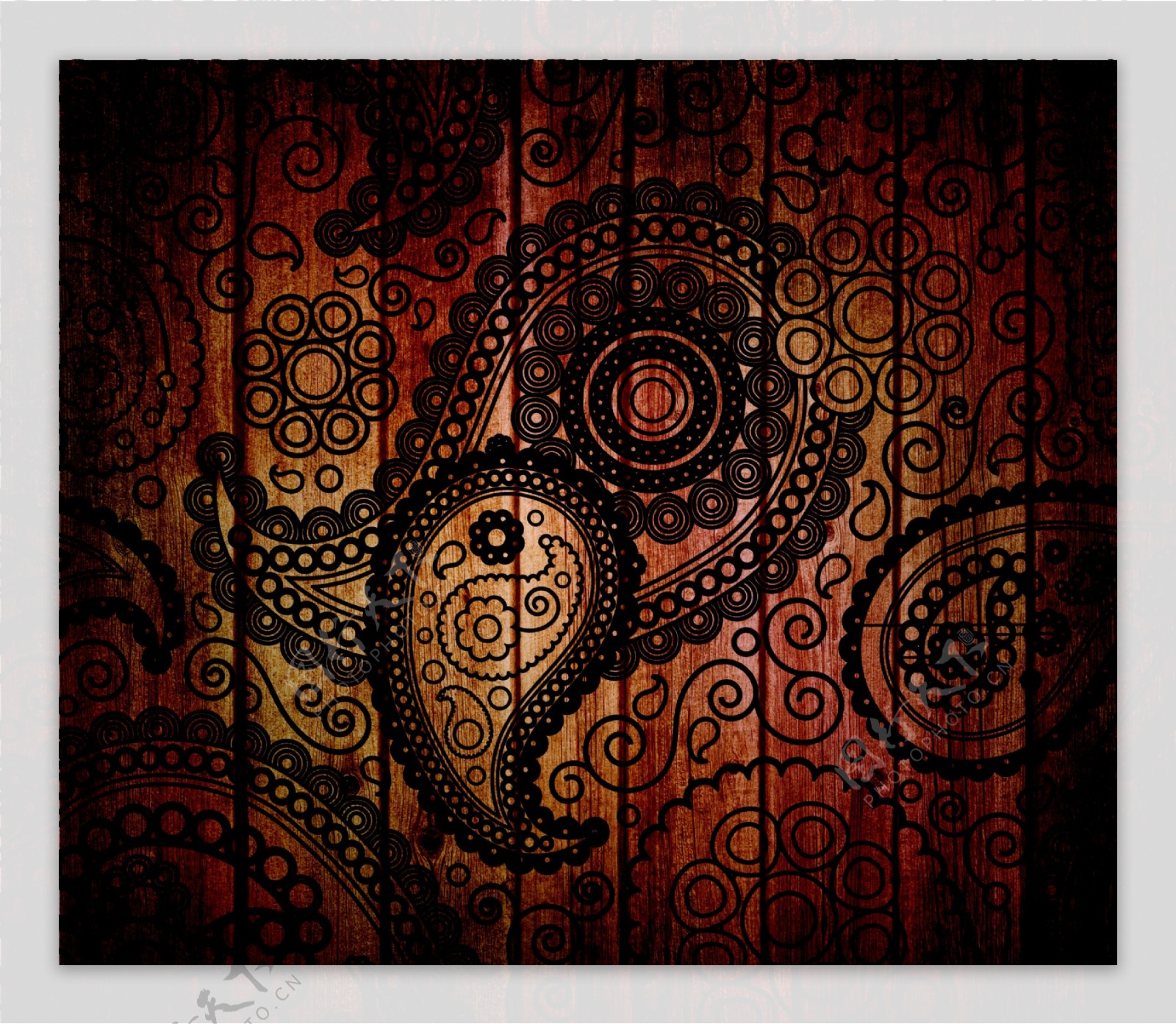 褐红色木板与佩斯利花纹高清摄影图片