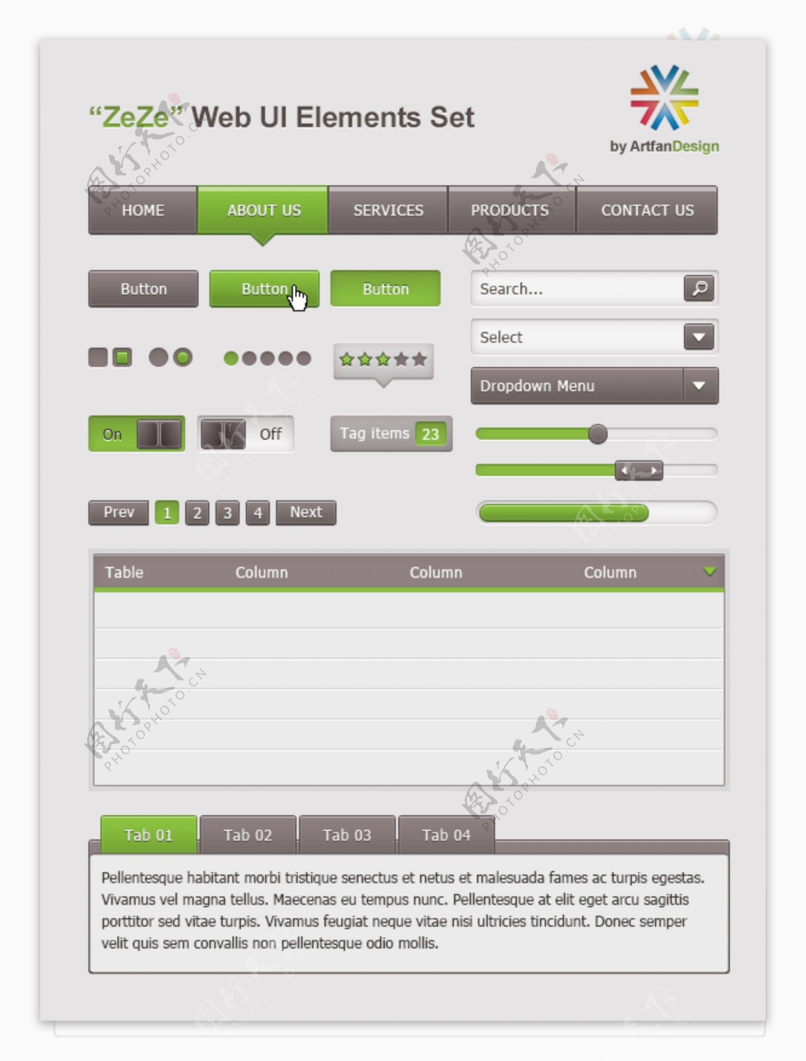 灰色和绿色网页UI设计PSD分层素材