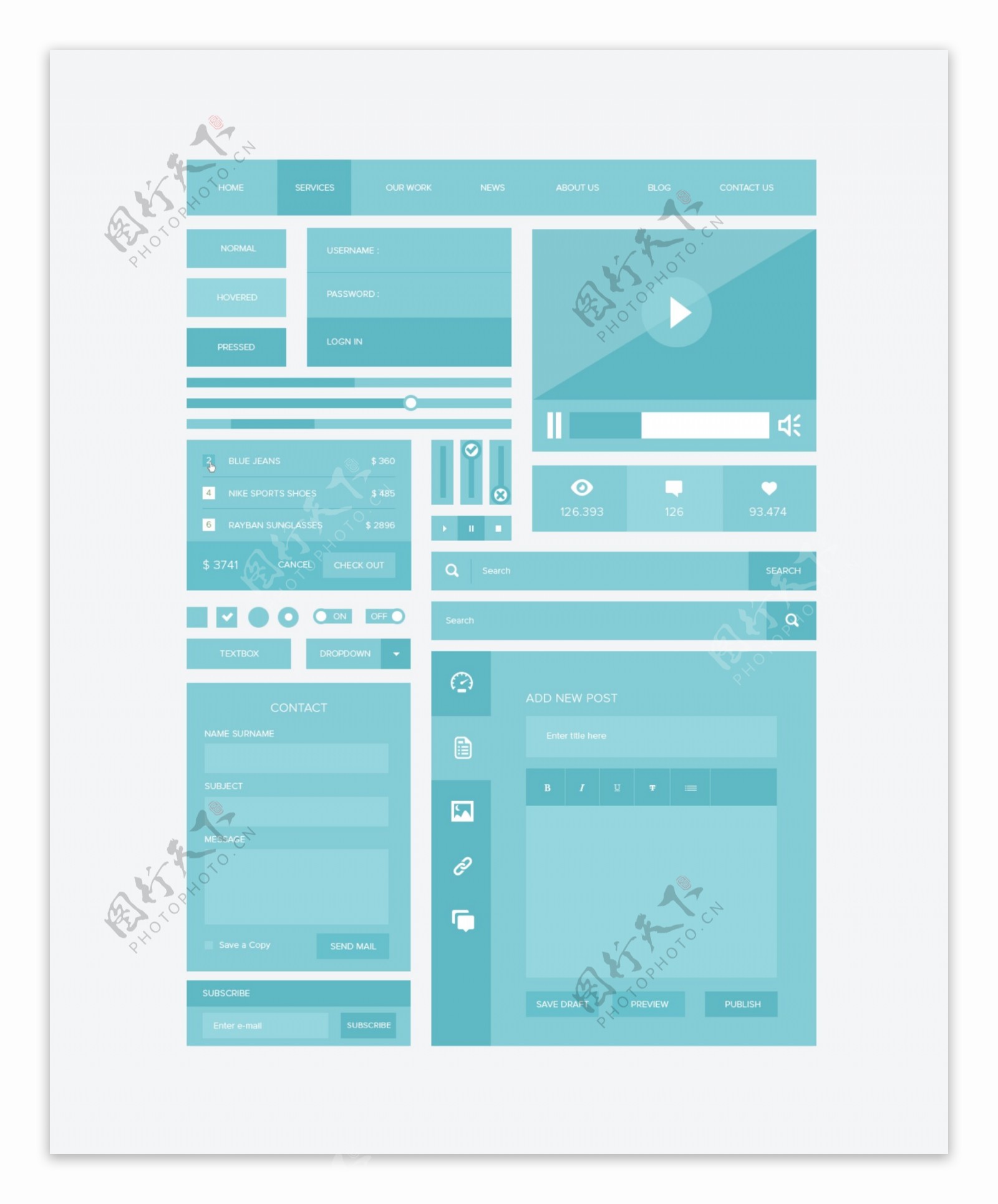 蓝色扁平化设计风格网页模板PSD素材