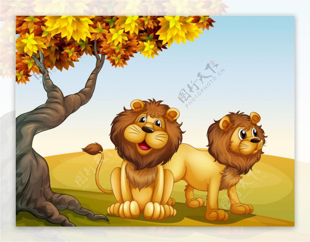 卡通狮子与美丽自然风景矢量素材