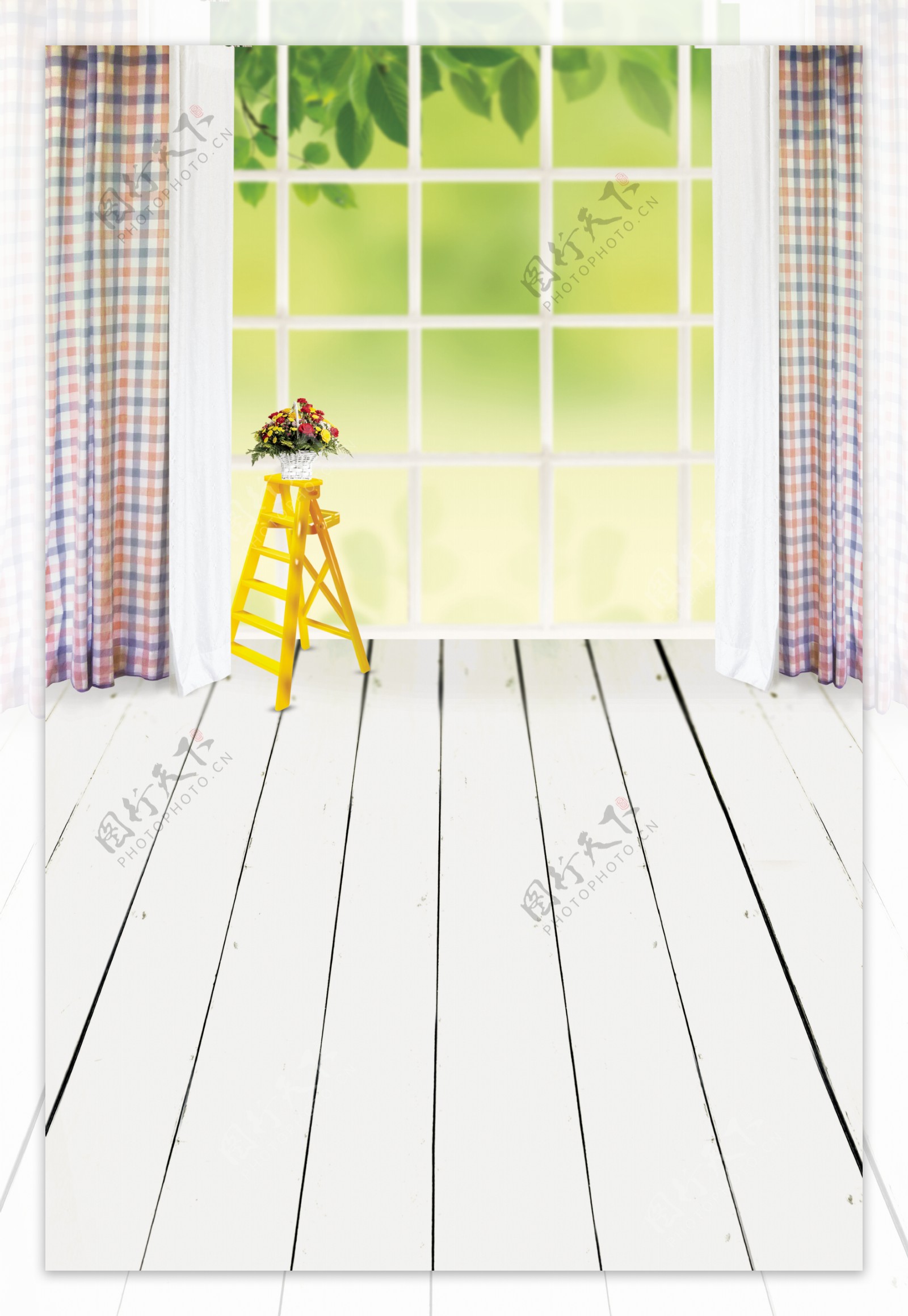 窗帘木板与落地窗影楼摄影背景图片