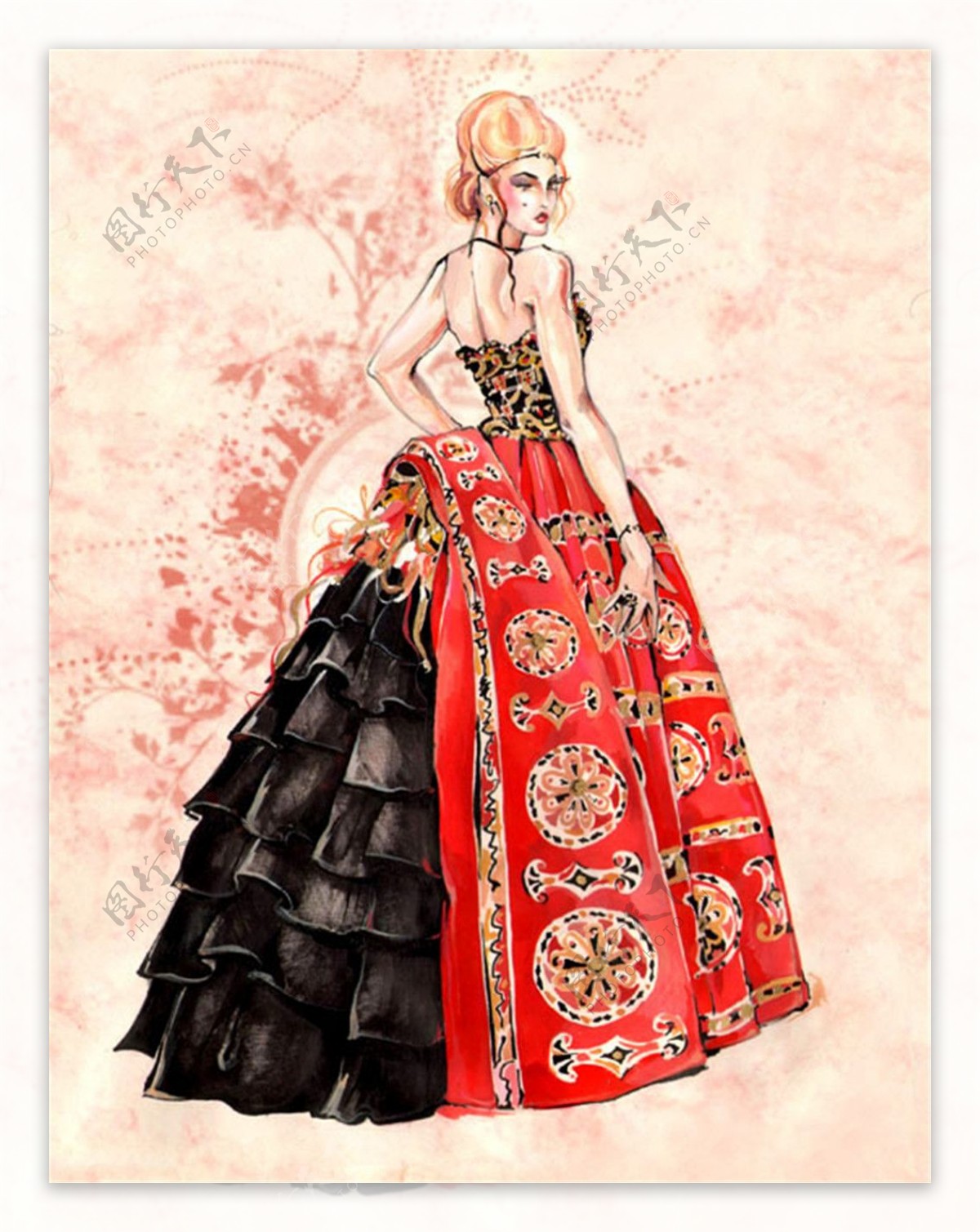 红色古典花纹连衣裙设计图