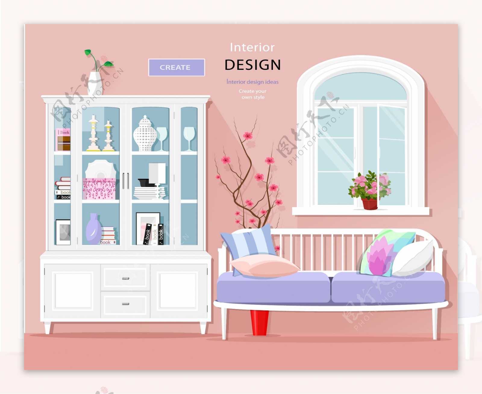 粉色家庭室内房间装饰设计卡通矢量