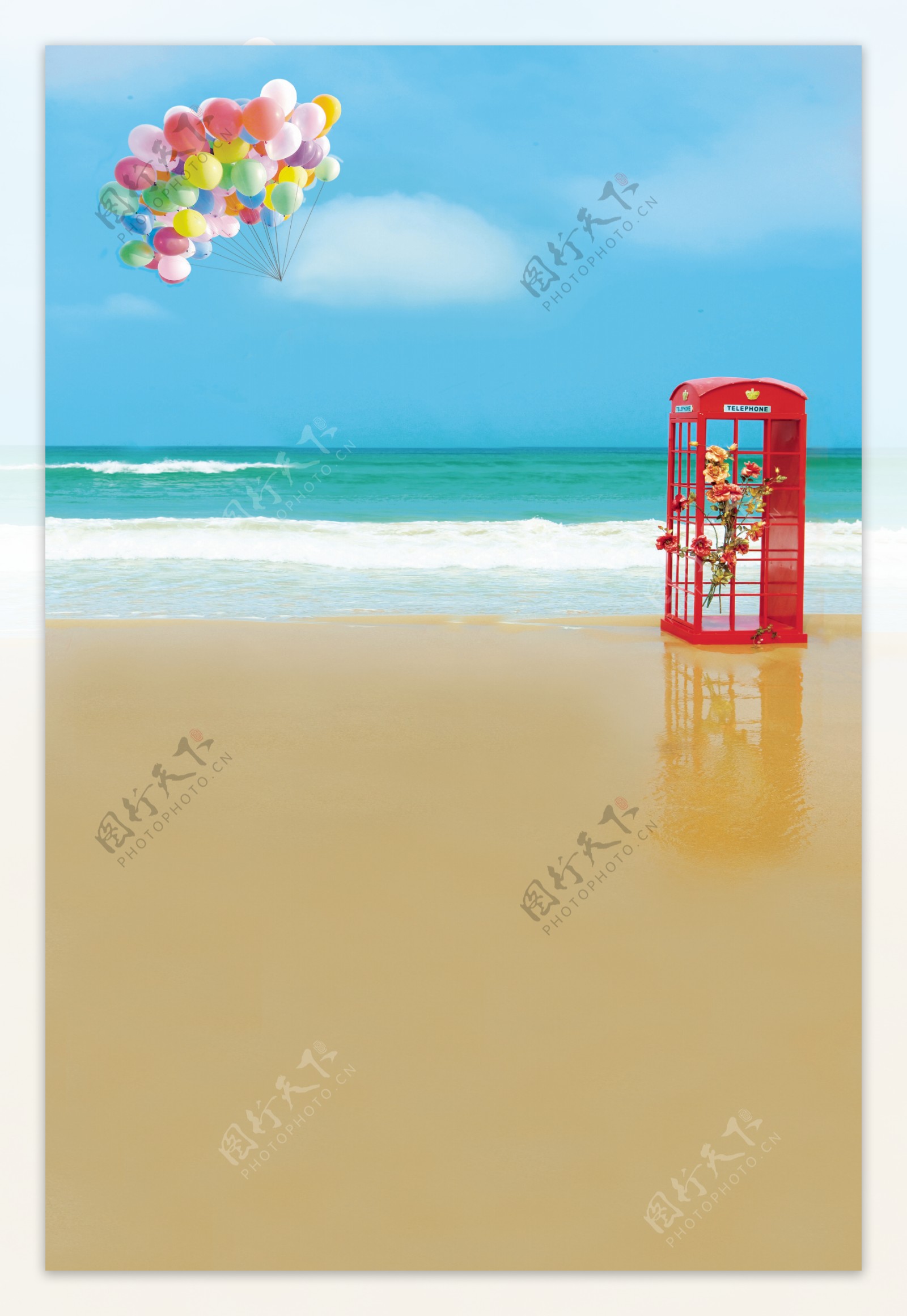 彩色气球与电话亭影楼摄影背景图片