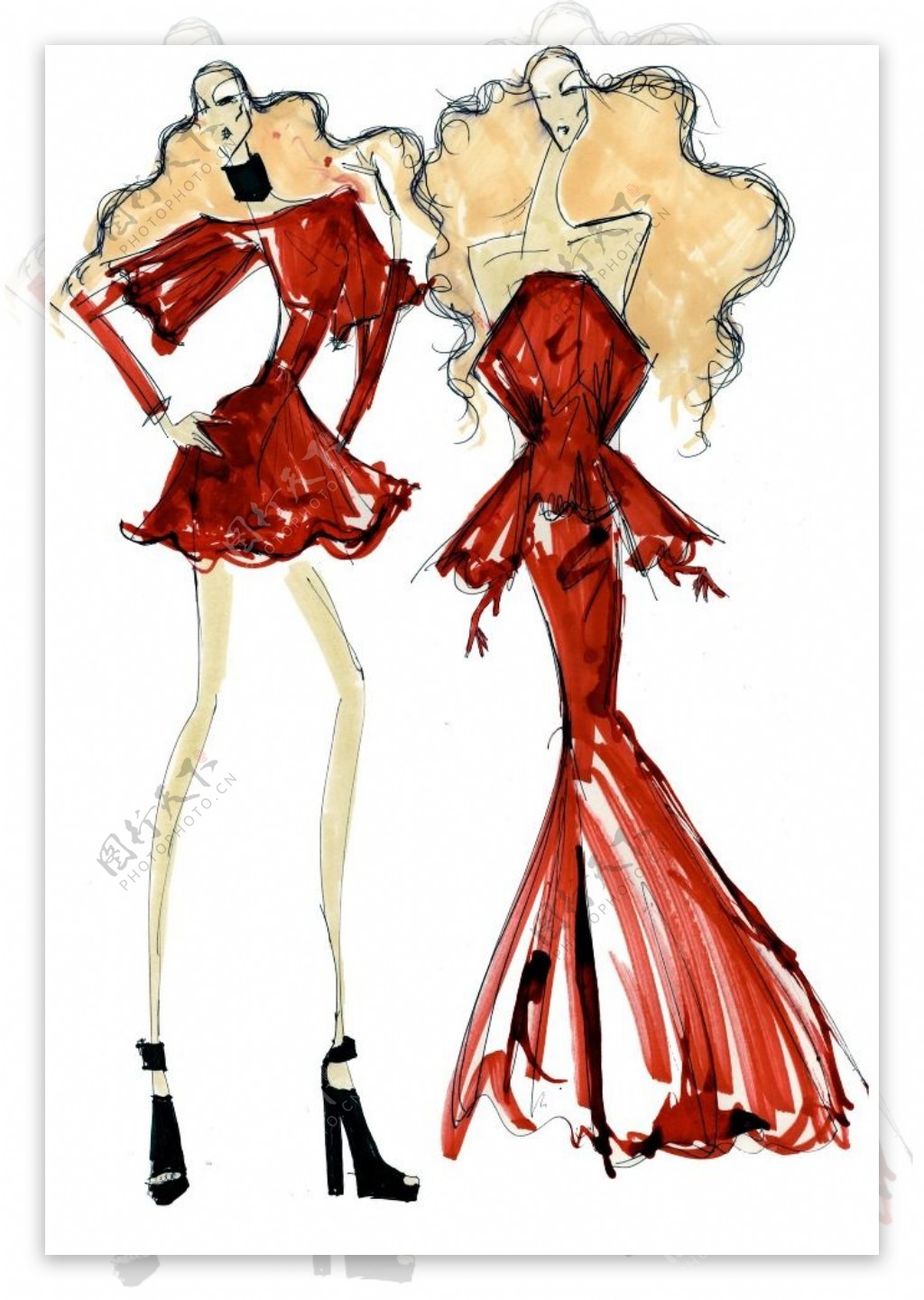 2款红色连衣裙设计图