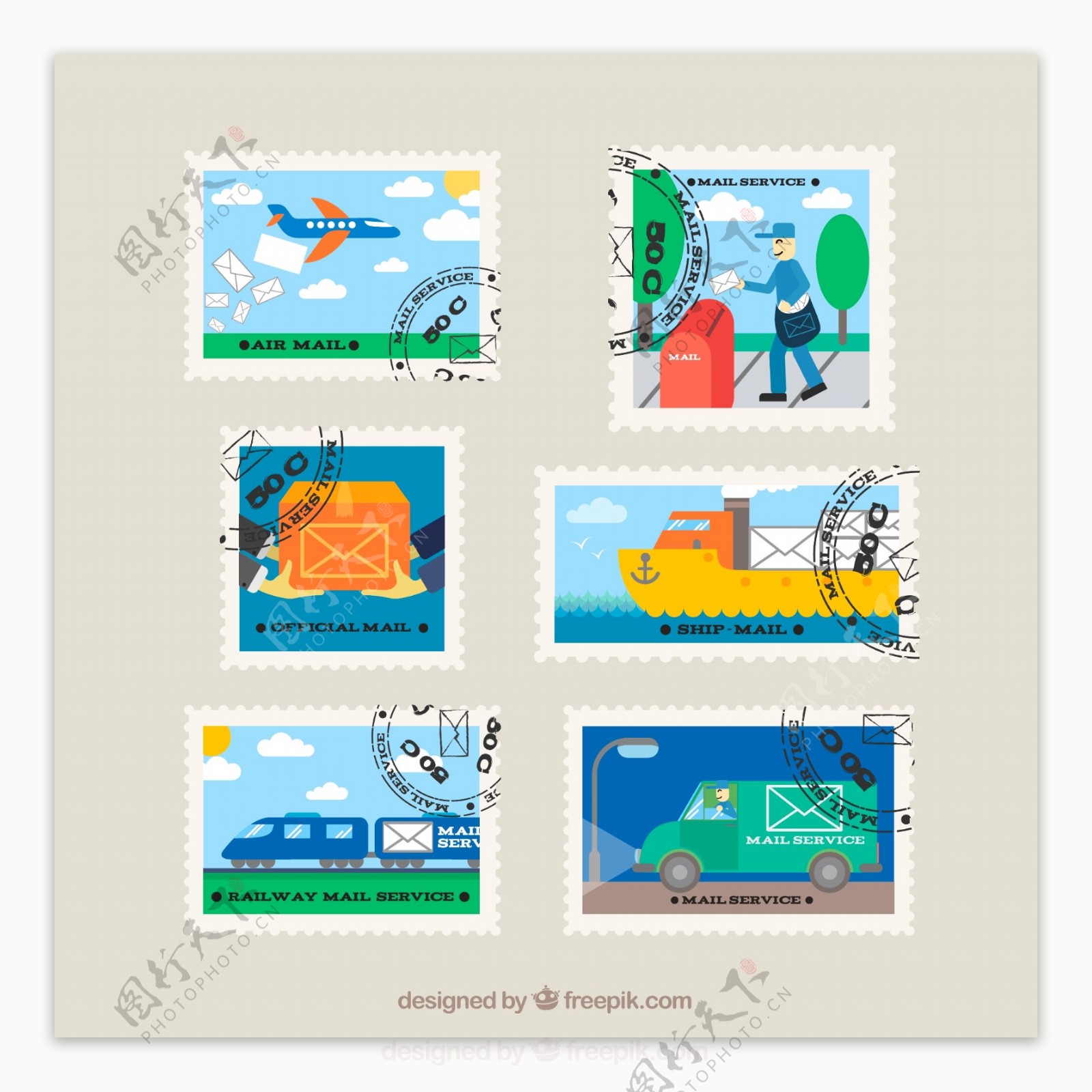 6款创意信件邮票设计矢量素材