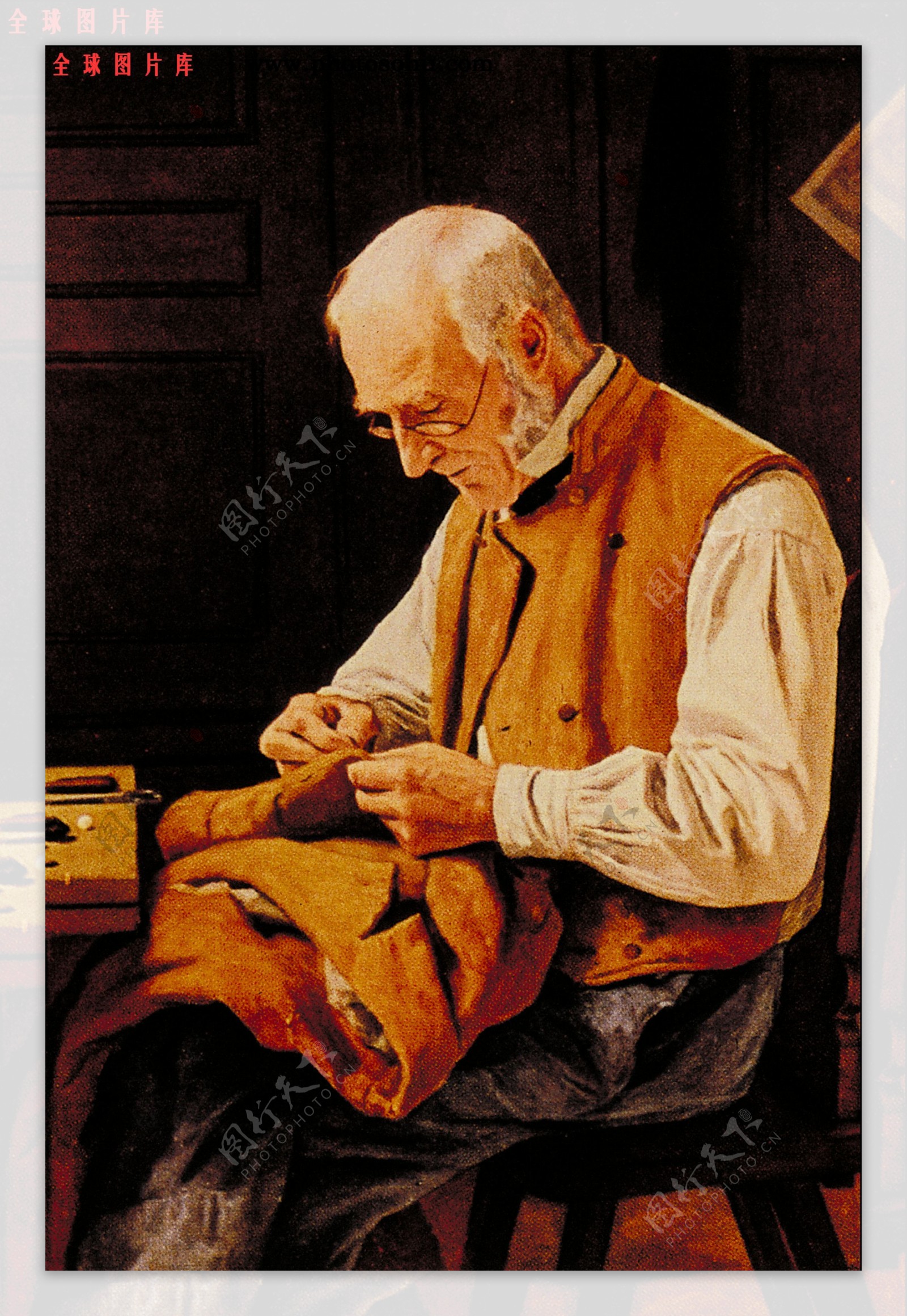 裁缝老人油画图片