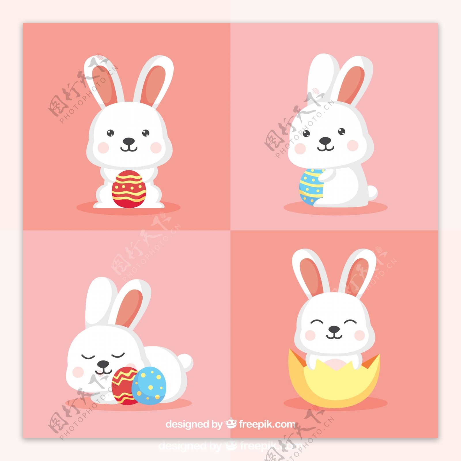 4款可爱白色抱彩蛋的兔子矢量素材