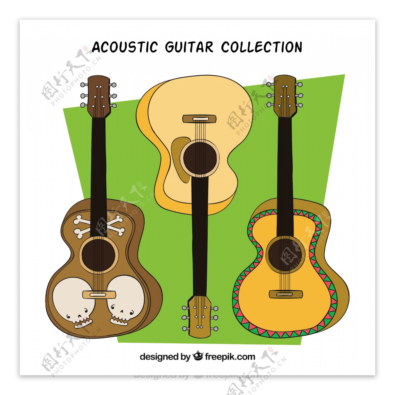 手绘绿色背景三个不同的吉他矢量素材