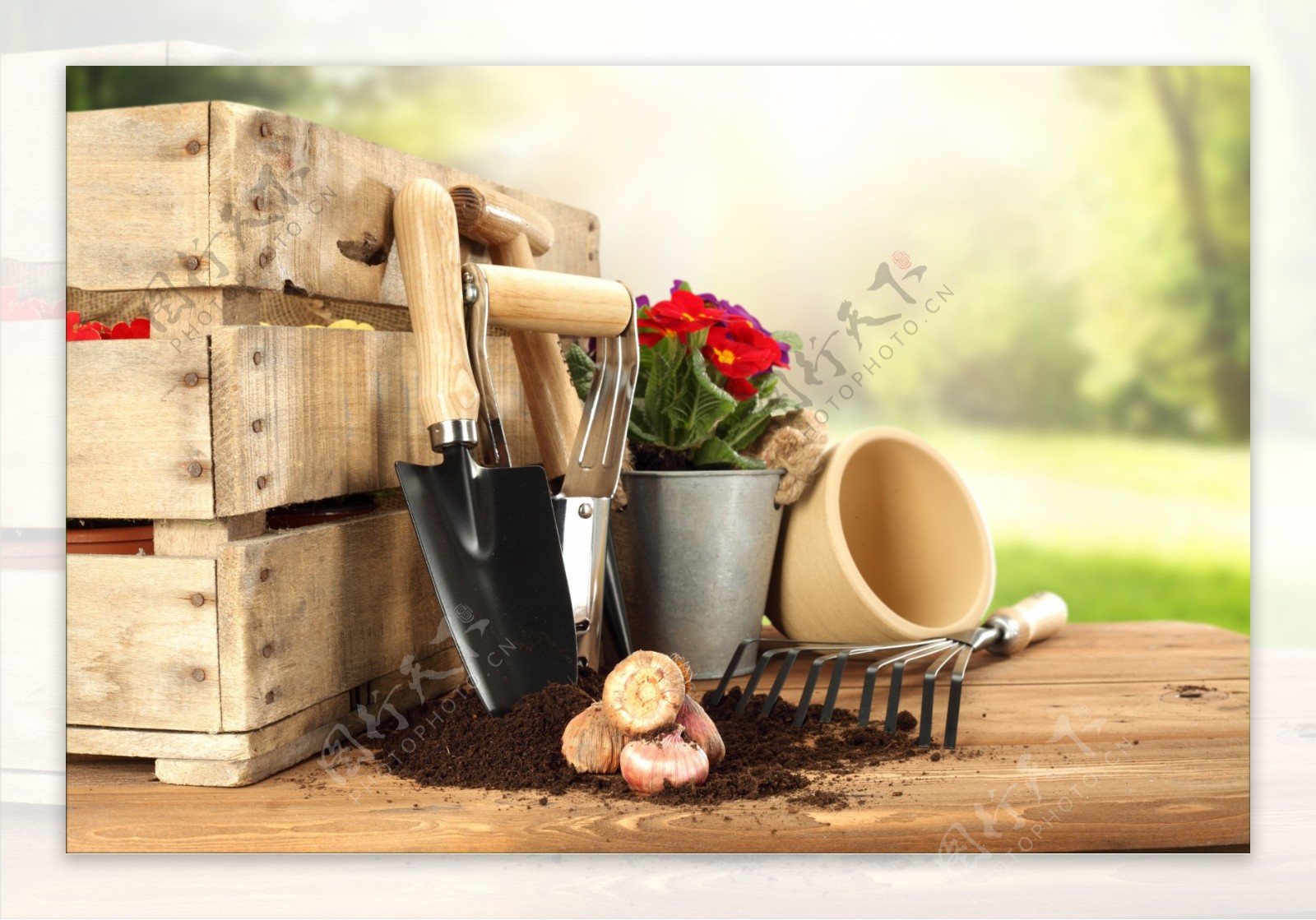 木盒旁的园艺工具图片