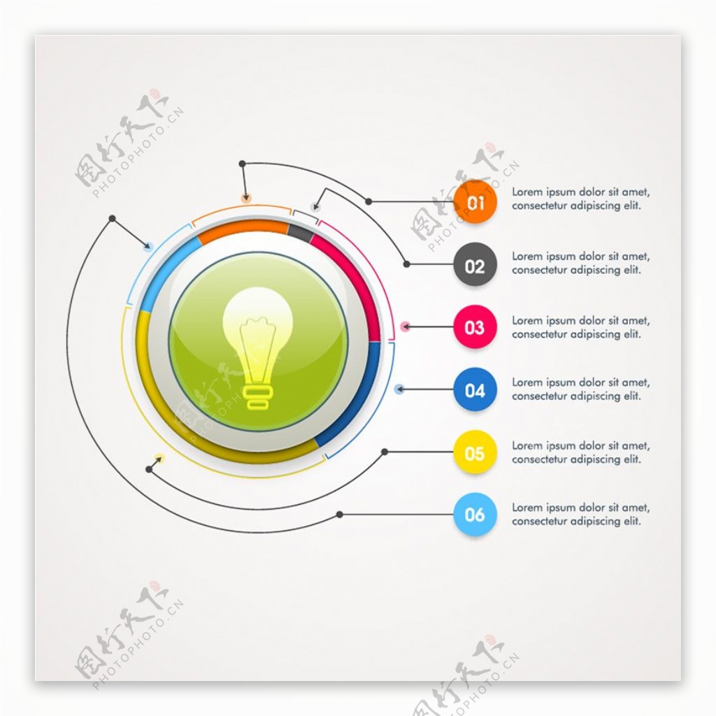 图表与灯泡和彩色圆形图