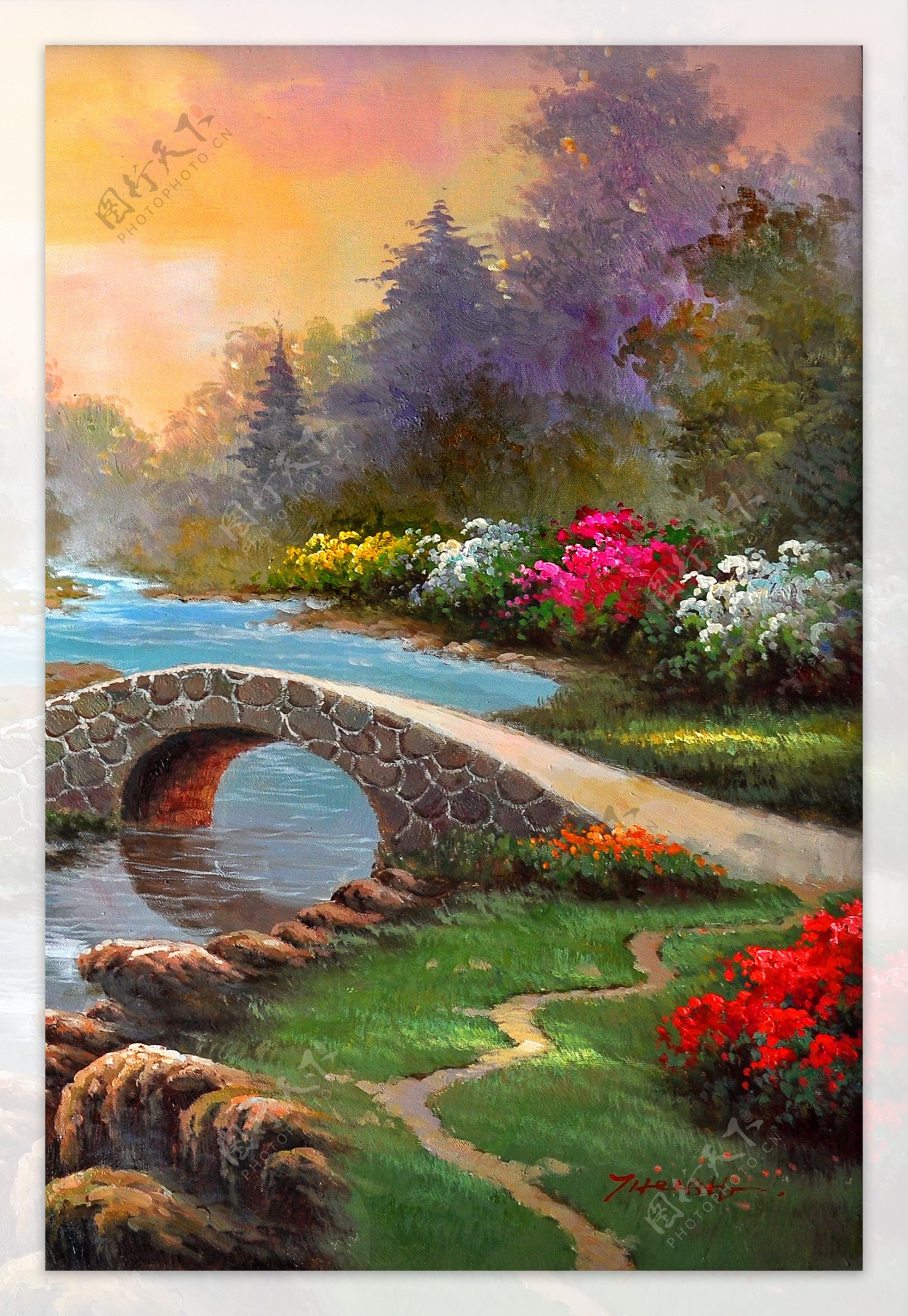 石桥流水小路风景装饰画