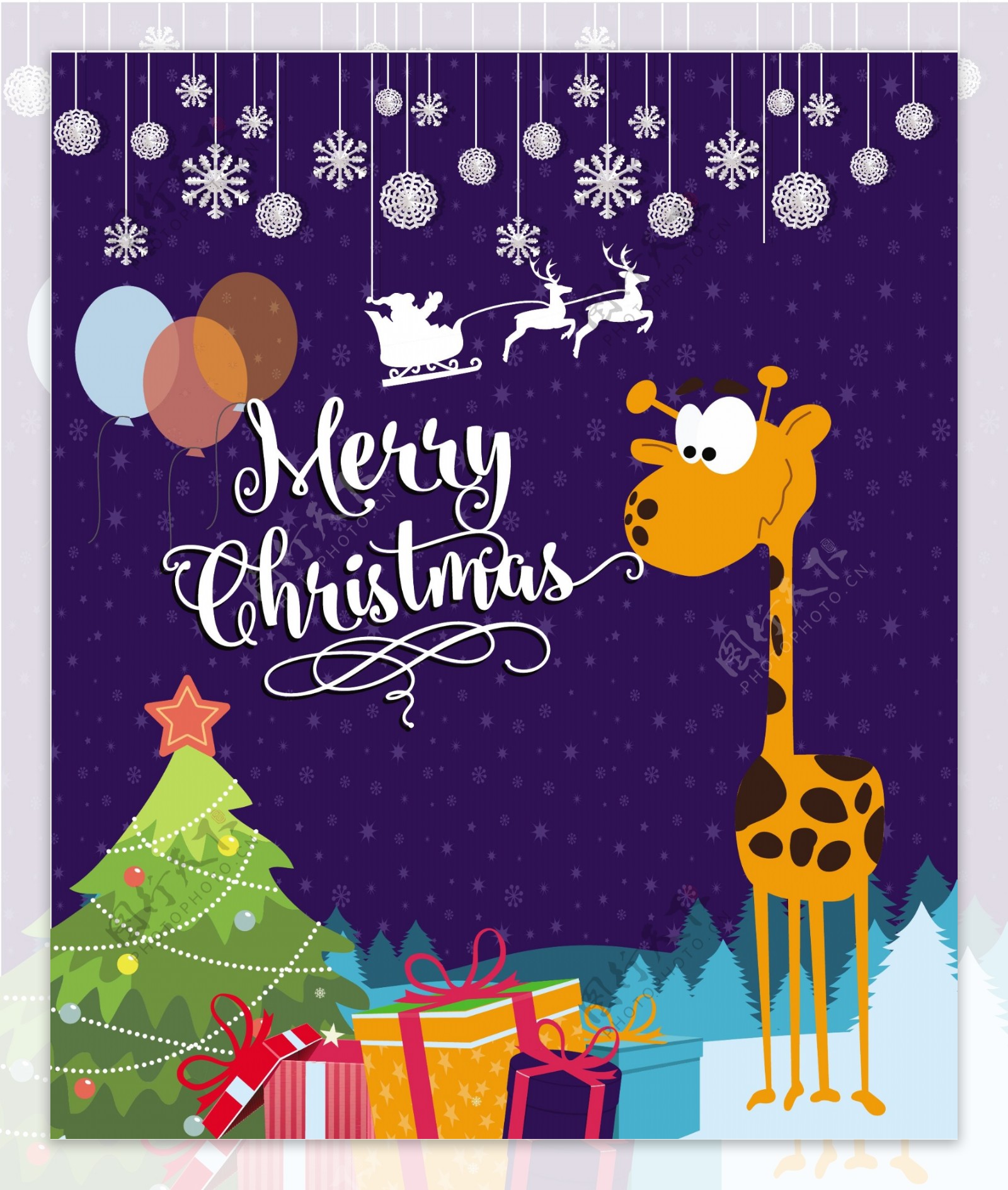 圣诞贺卡矢量插图与可爱的长颈鹿免费