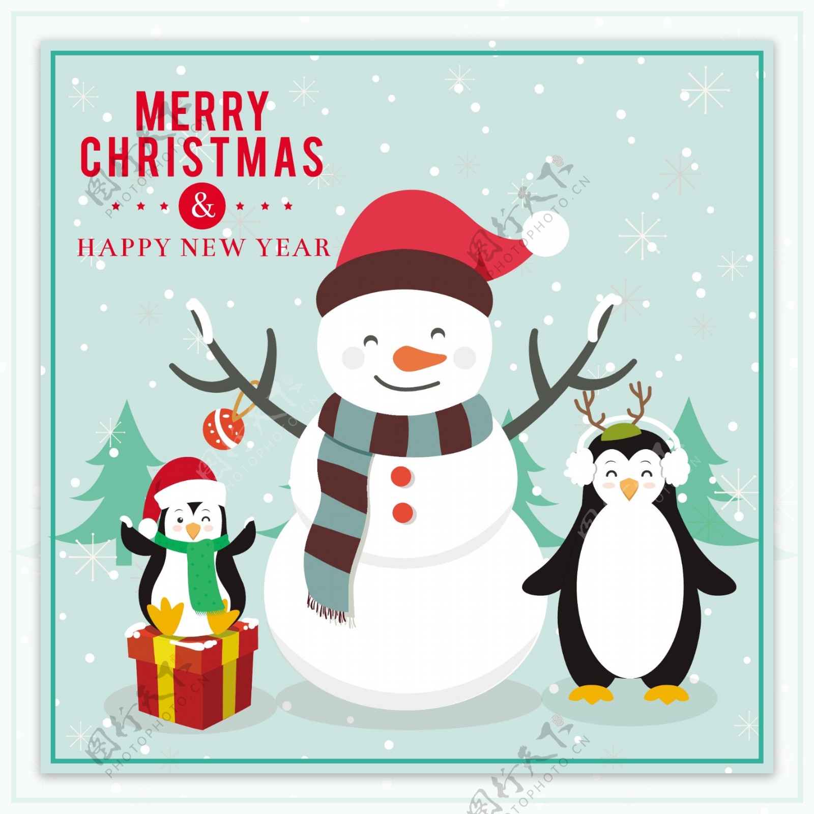 圣诞贺卡设计有趣的企鹅和雪人自由向量