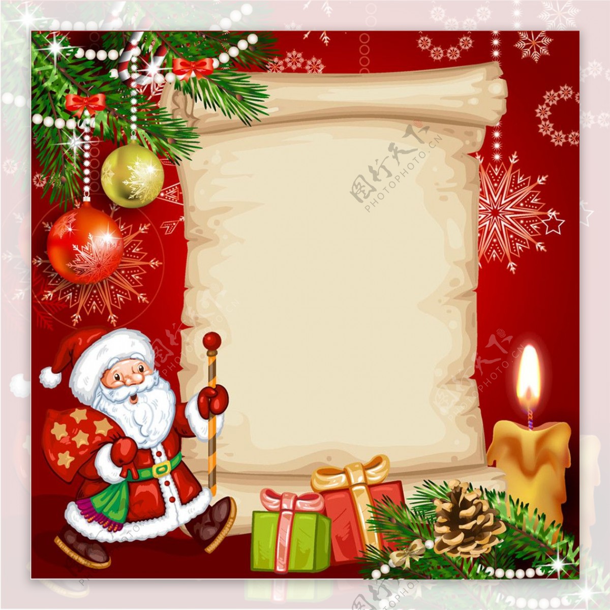 背礼物的圣诞老人和圣诞球图片