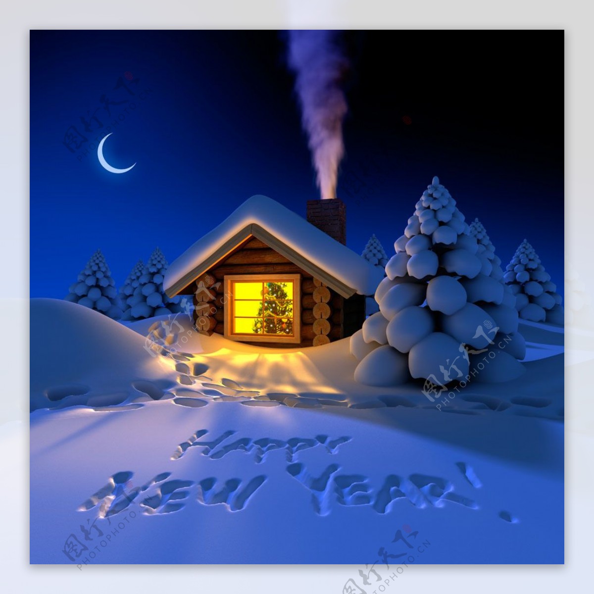 冬天木屋雪地夜景图片图片