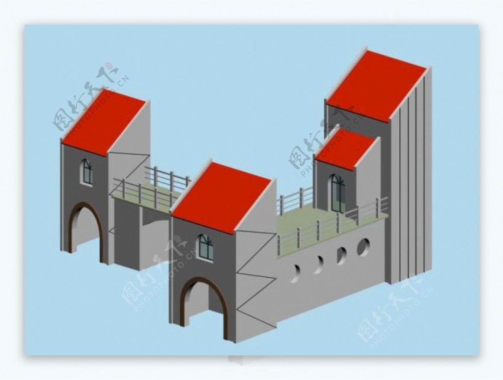 MAX红斜屋顶简模建筑3D模型