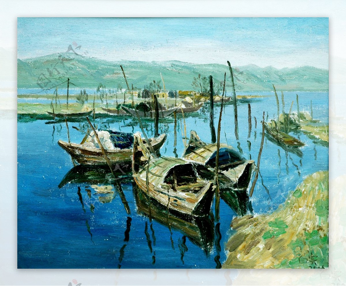 湖边的渔船油画图片