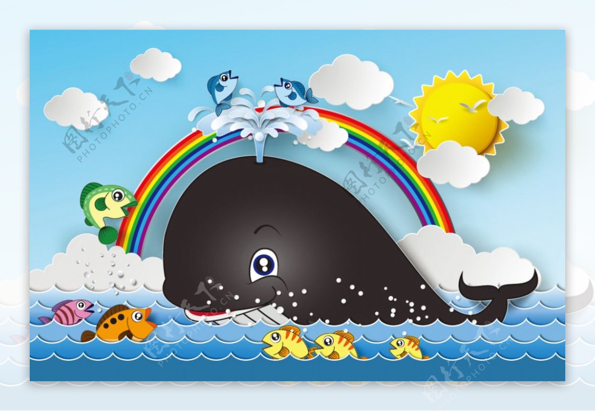卡通鲸鱼和彩虹
