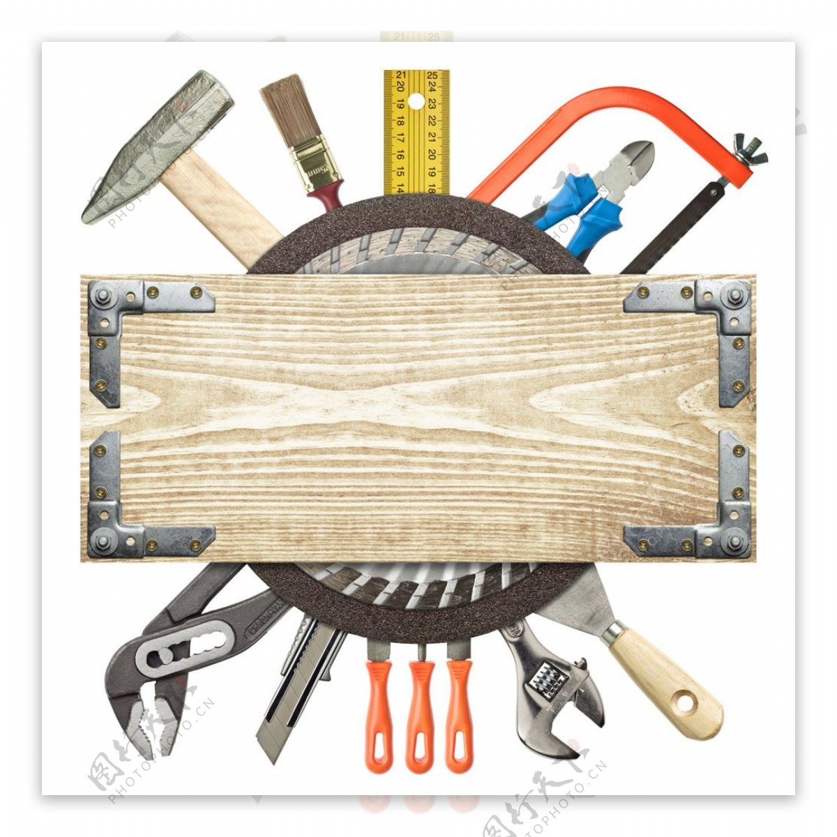 修理工具与木板背景图片