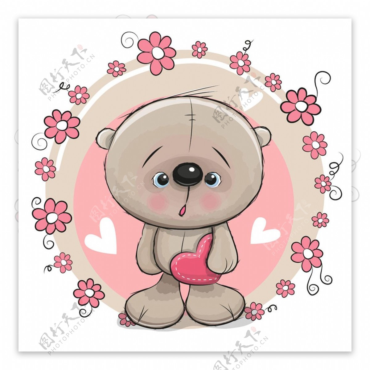 拿心形的小熊和花朵图片