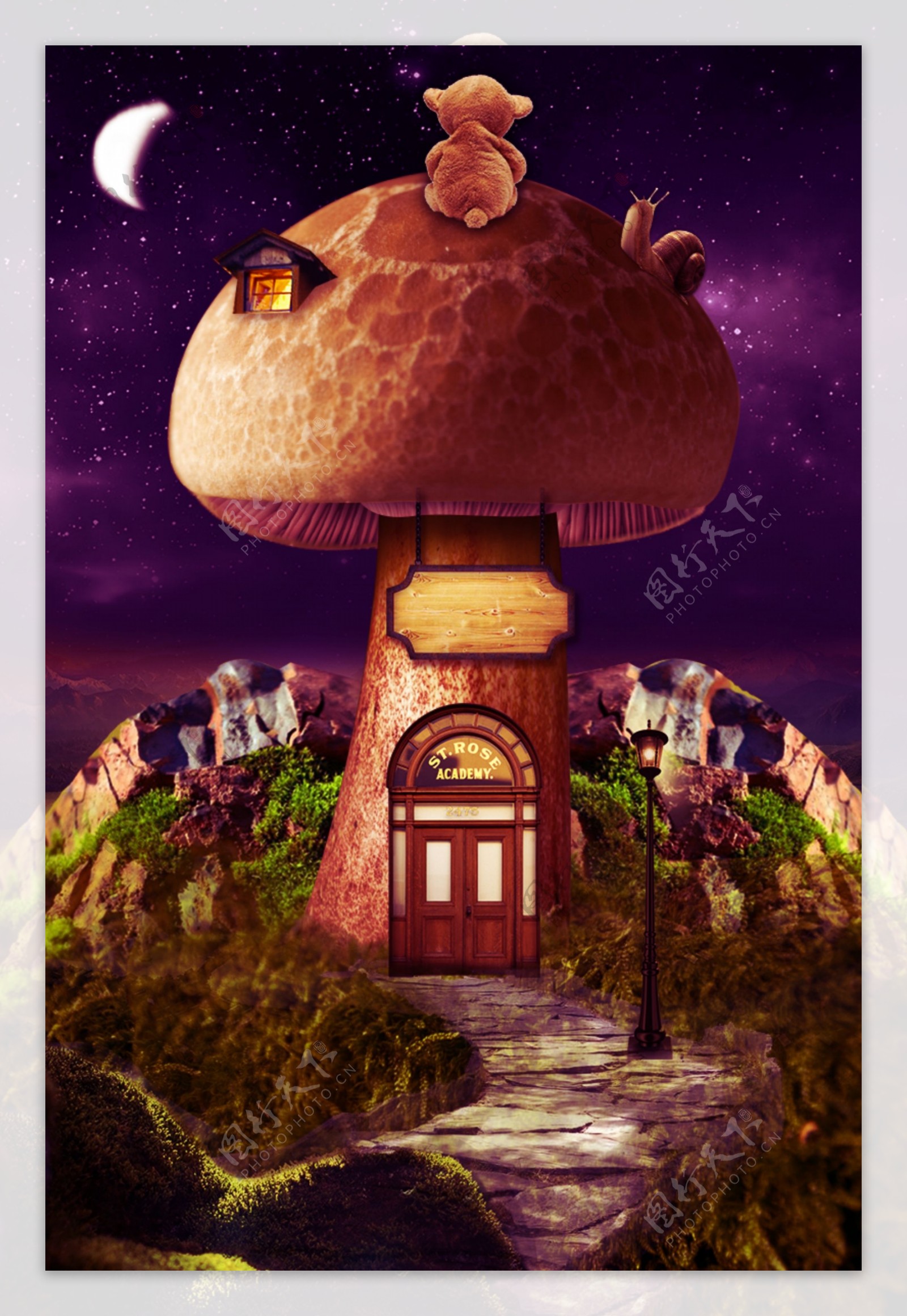 蘑菇卡通紫色梦话背景